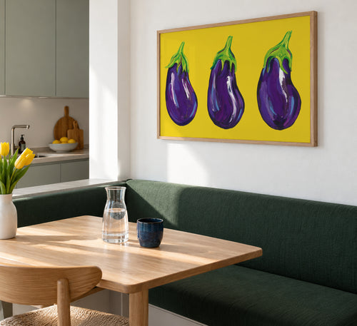 Aubergines On Yellow - Framed poster in an interior