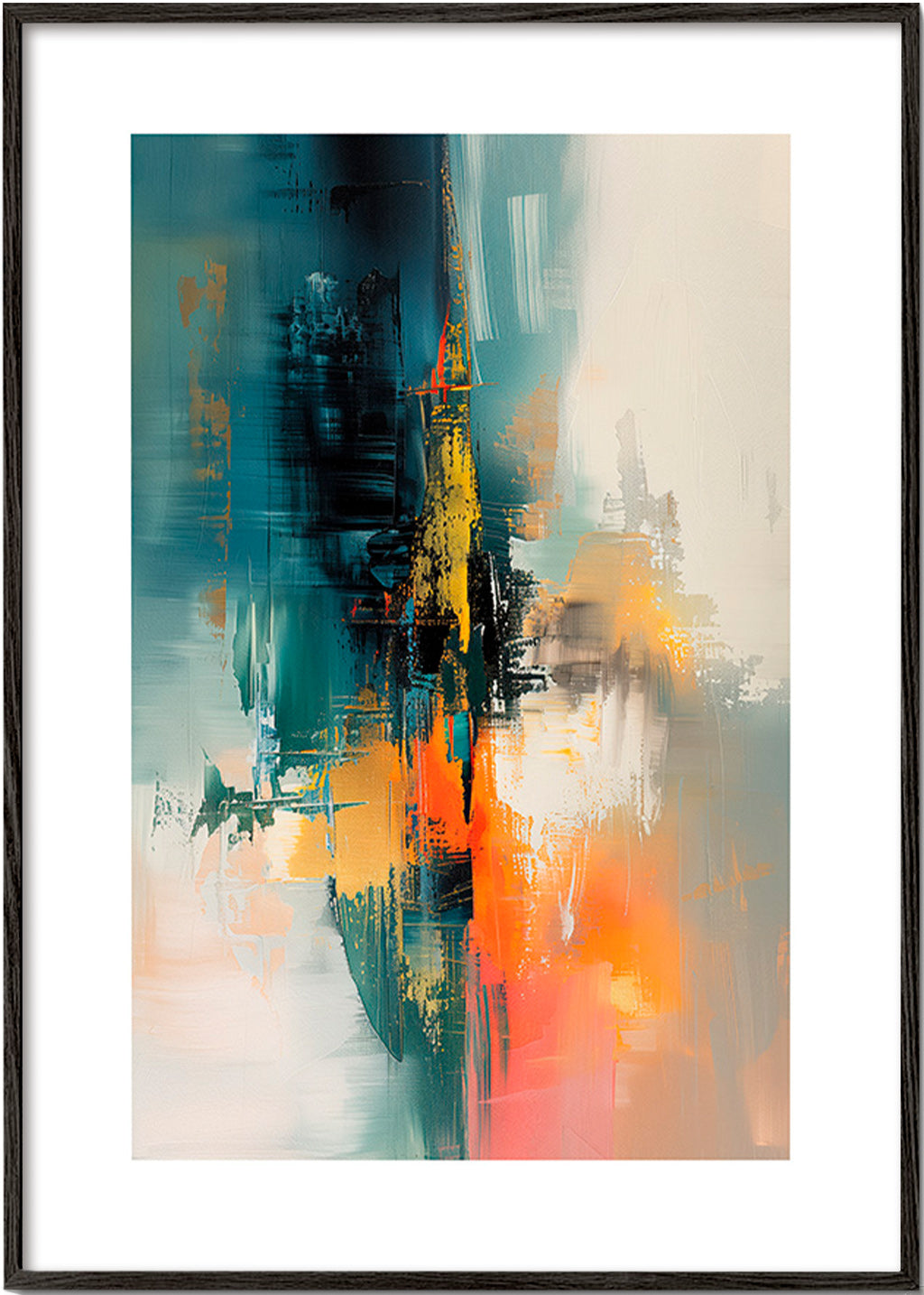 Quadro astratto verticale con pennellate blu e arancioni – Black Frame