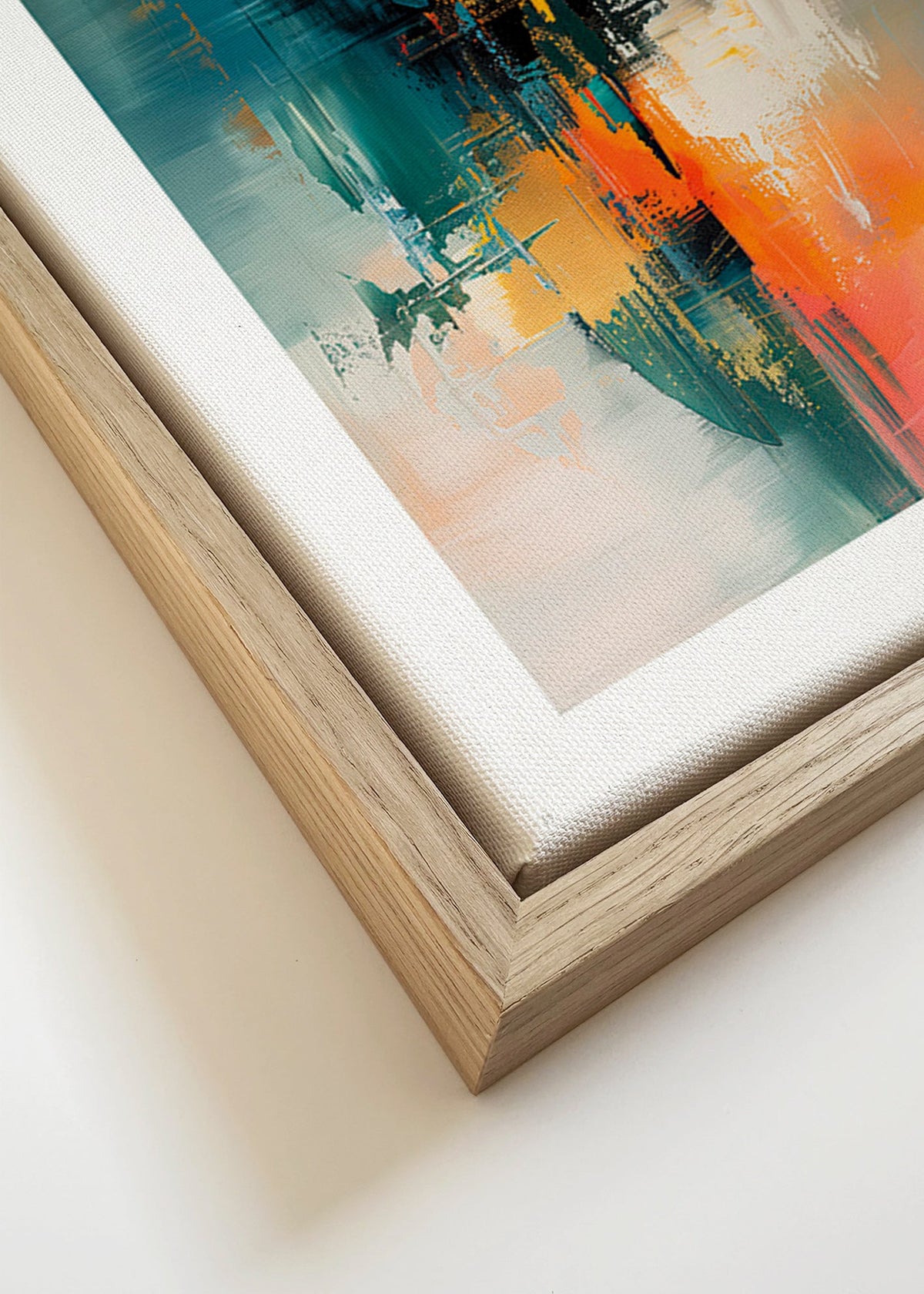 Quadro astratto verticale con pennellate blu e arancioni – Canvas detail