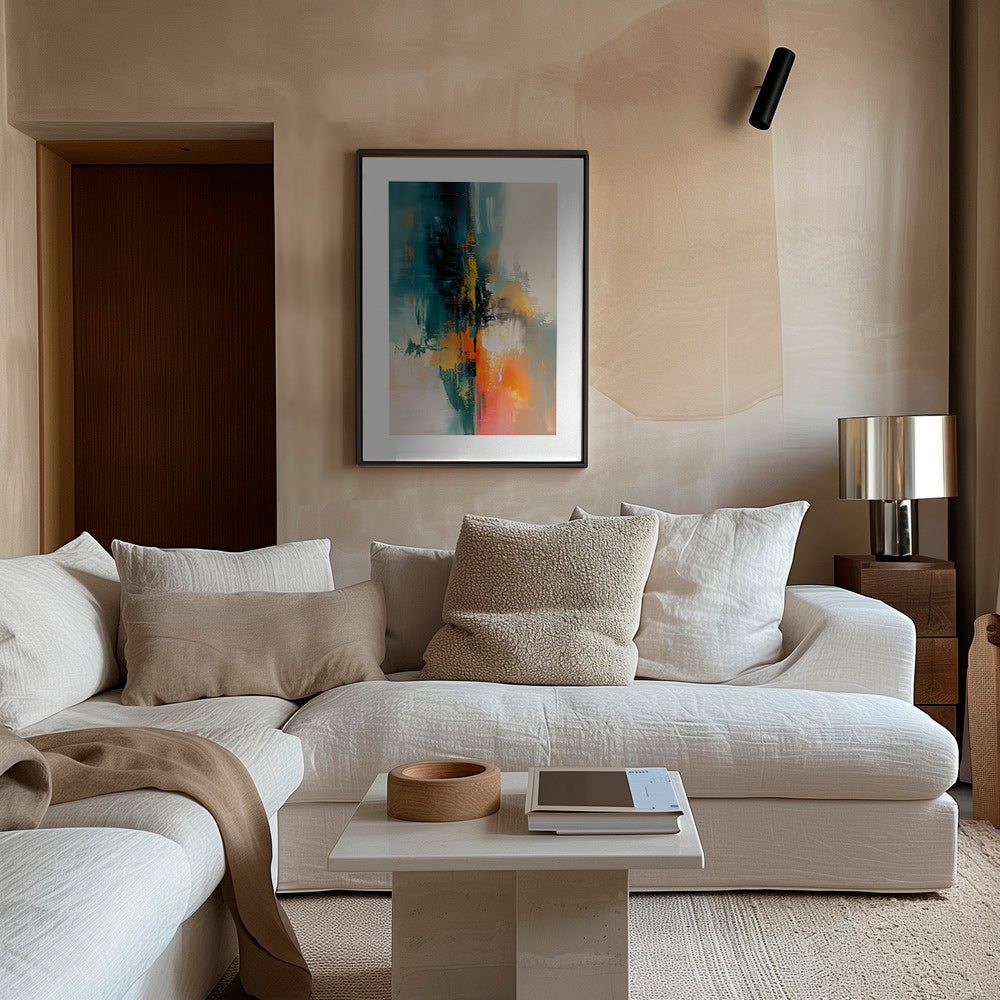 Quadro astratto verticale con pennellate blu e arancioni – Canvas1