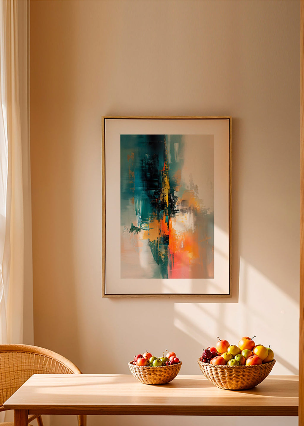 Quadro astratto verticale con pennellate blu e arancioni – Canvas2