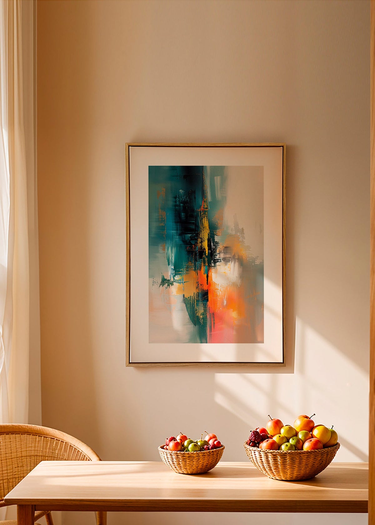 Quadro astratto verticale con pennellate blu e arancioni – Canvas2