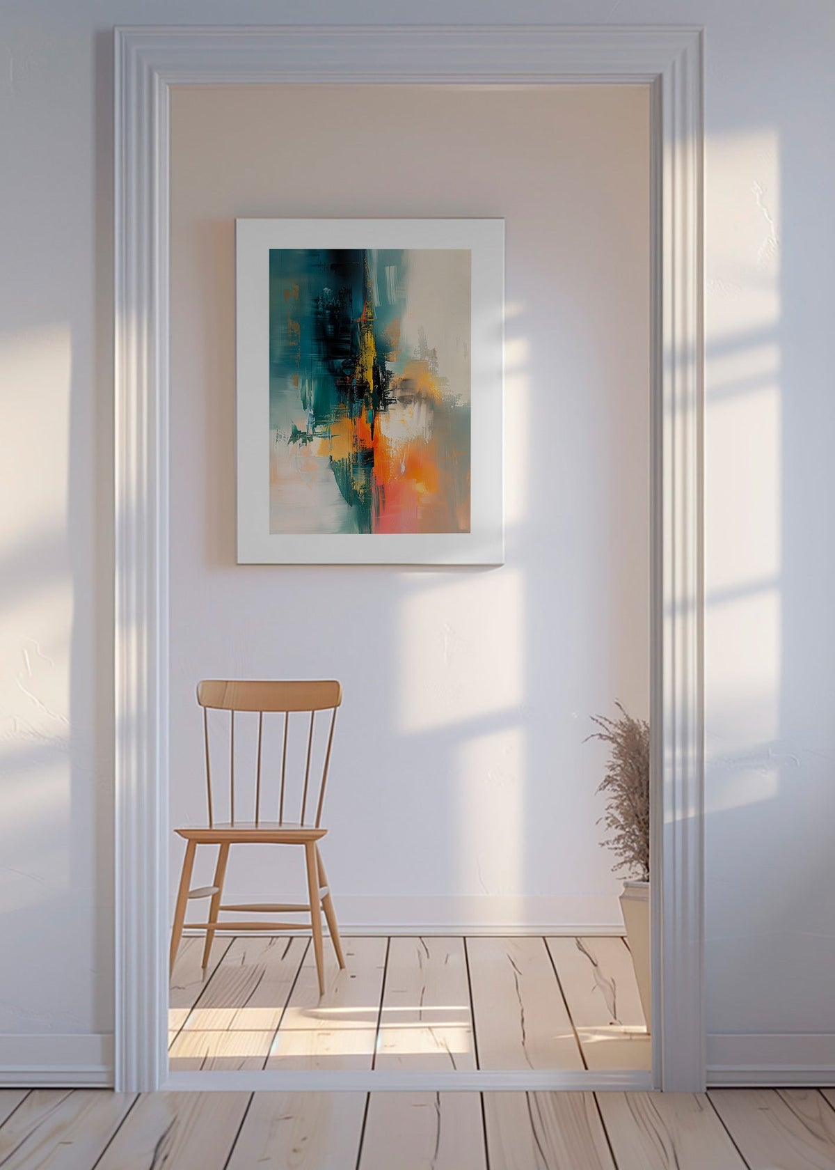Quadro astratto verticale con pennellate blu e arancioni – Canvas