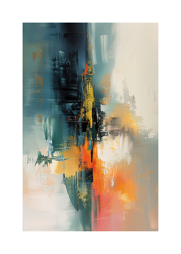 Quadro astratto verticale con pennellate blu e arancioni