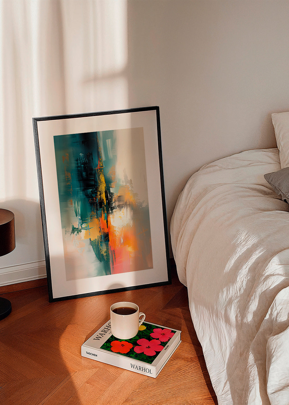 Quadro astratto verticale con pennellate blu e arancioni – Product1