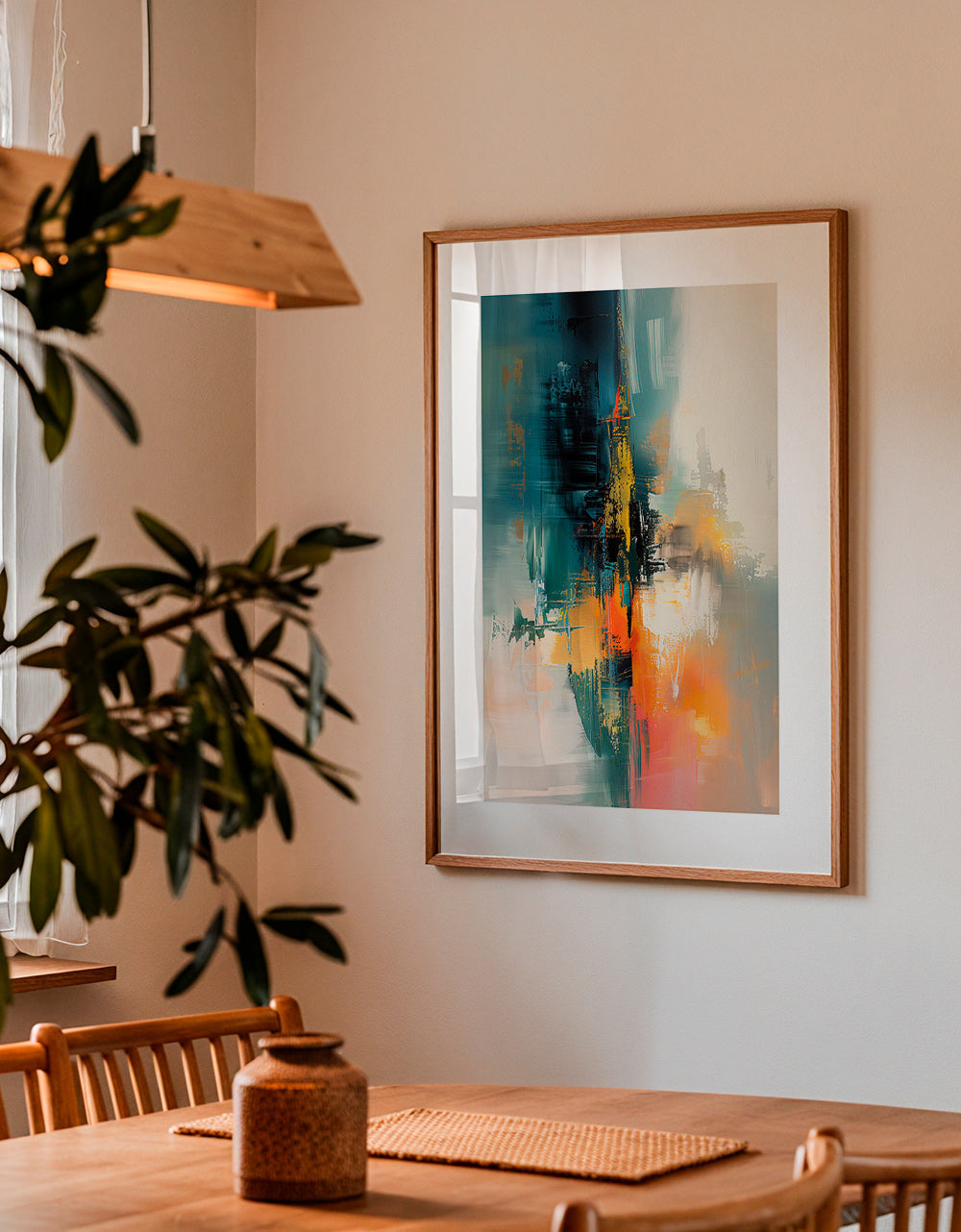 Quadro astratto verticale con pennellate blu e arancioni – Product2