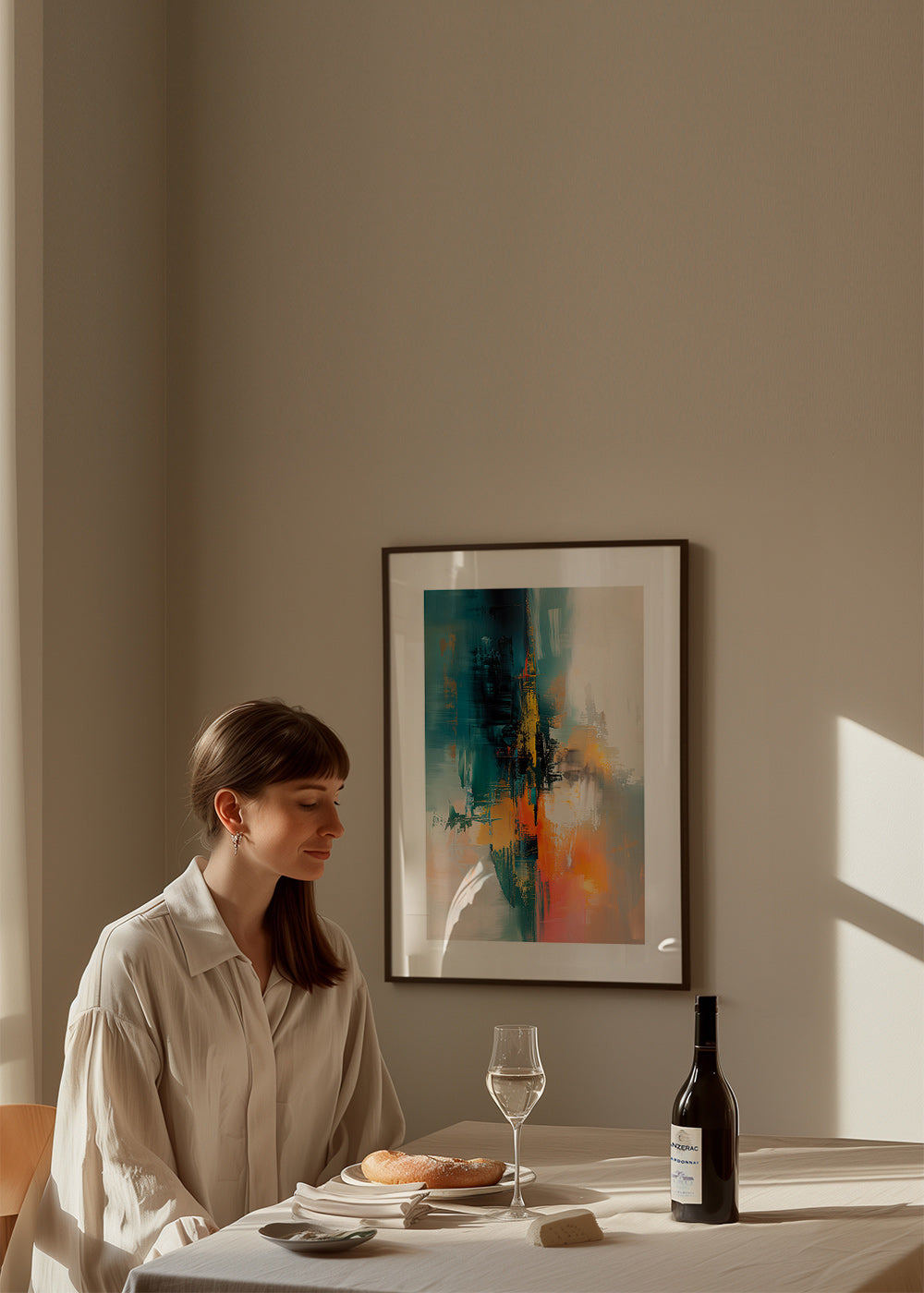Quadro astratto verticale con pennellate blu e arancioni – Product3