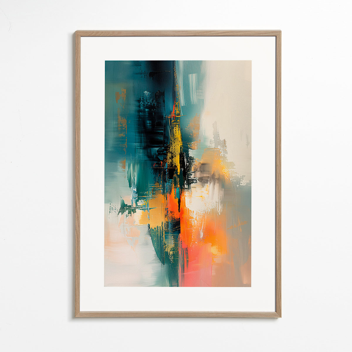 Quadro astratto verticale con pennellate blu e arancioni – Oak Frame