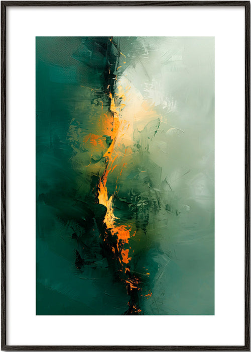 Quadro astratto con venature verdi e tocchi arancio – Black Frame