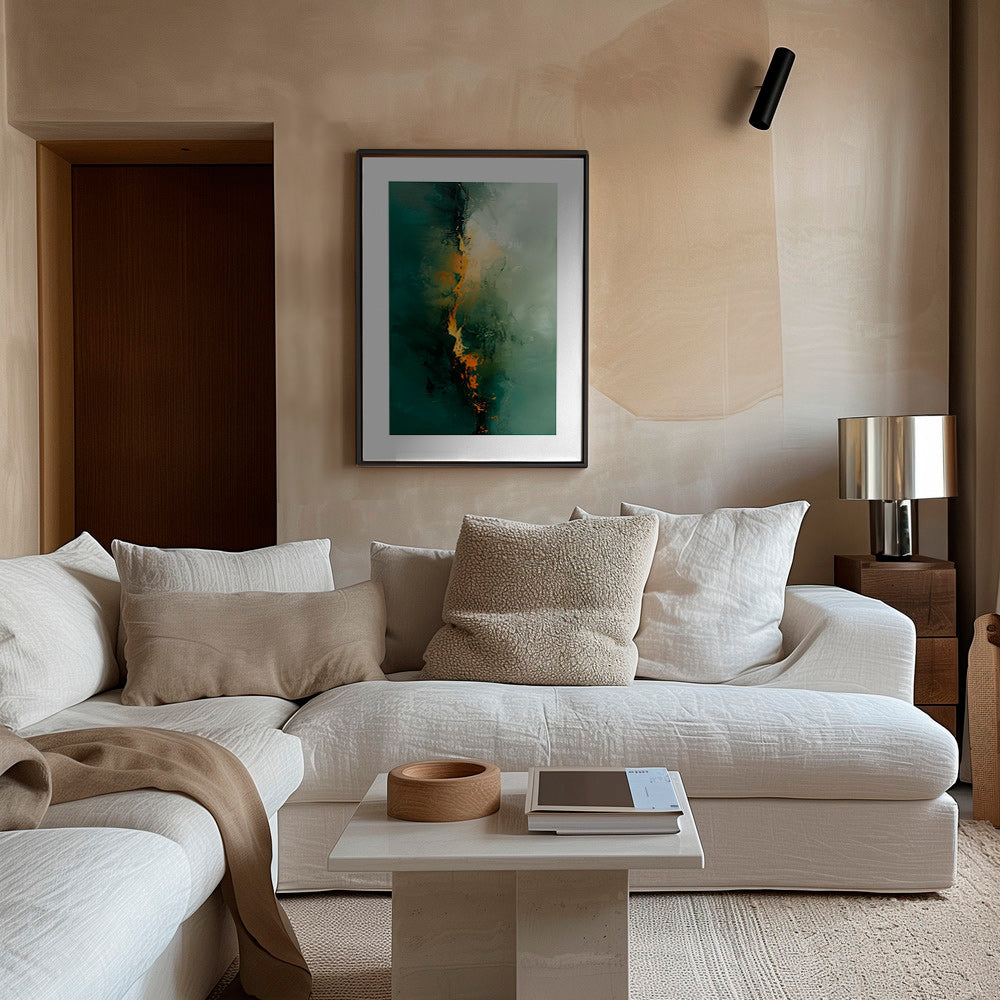 Quadro astratto con venature verdi e tocchi arancio – Canvas1