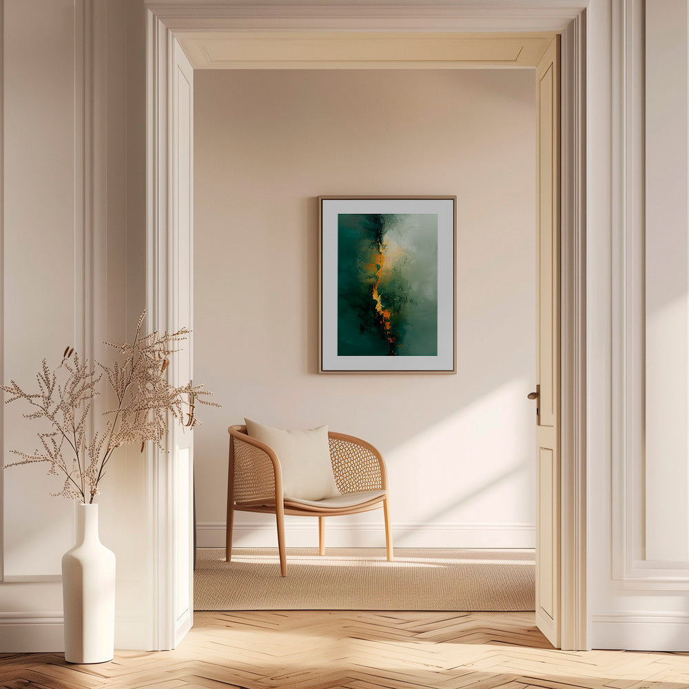 Quadro astratto con venature verdi e tocchi arancio – Canvas2