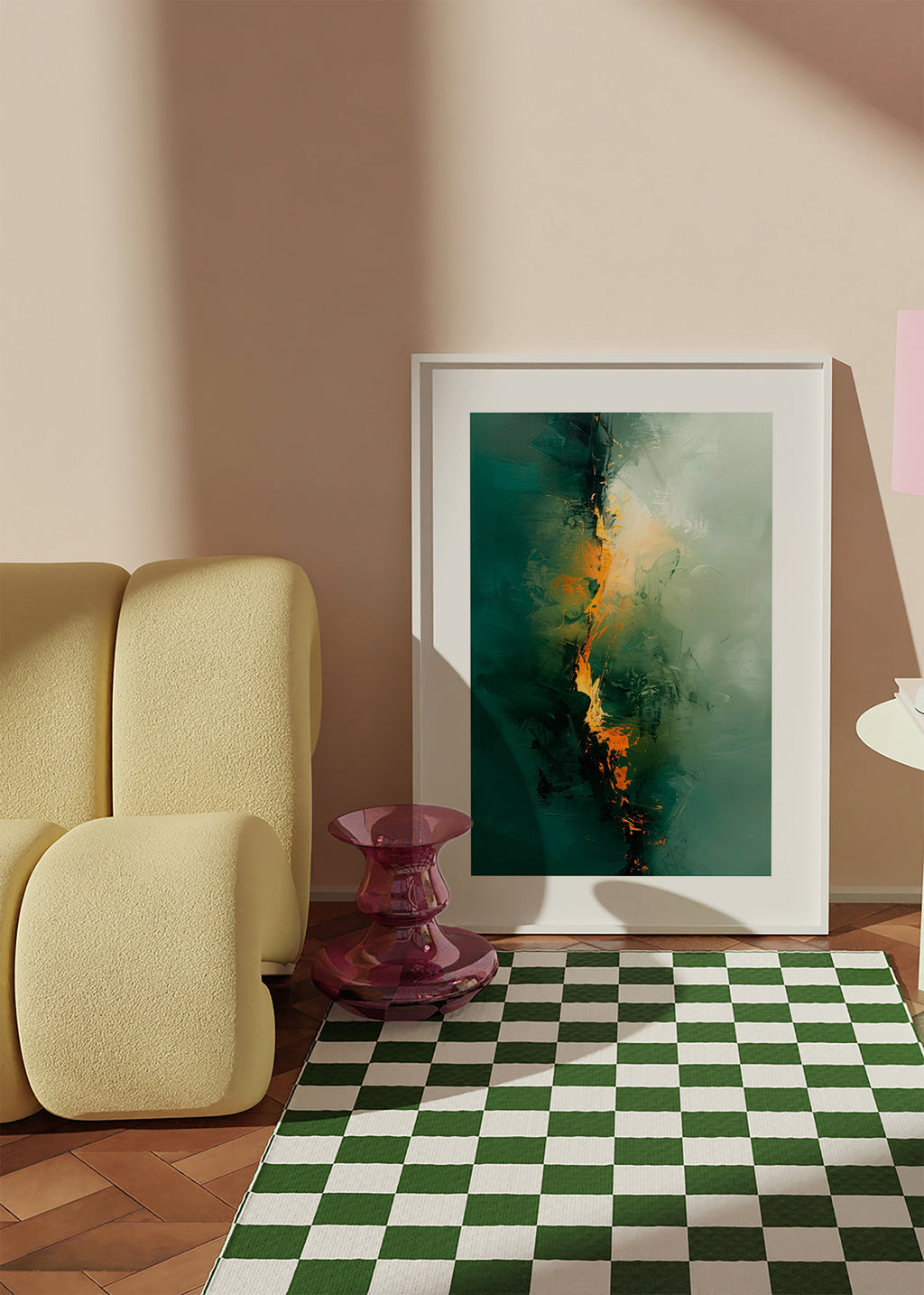 Quadro astratto con venature verdi e tocchi arancio – Product1