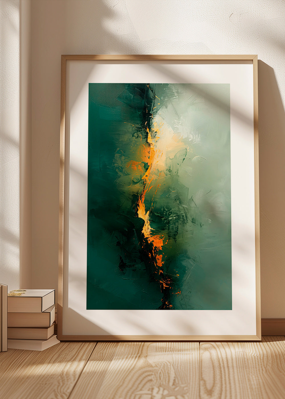 Quadro astratto con venature verdi e tocchi arancio – Product2