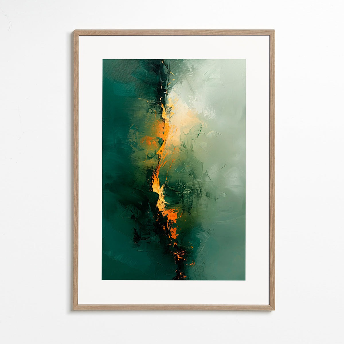 Quadro astratto con venature verdi e tocchi arancio – Oak Frame