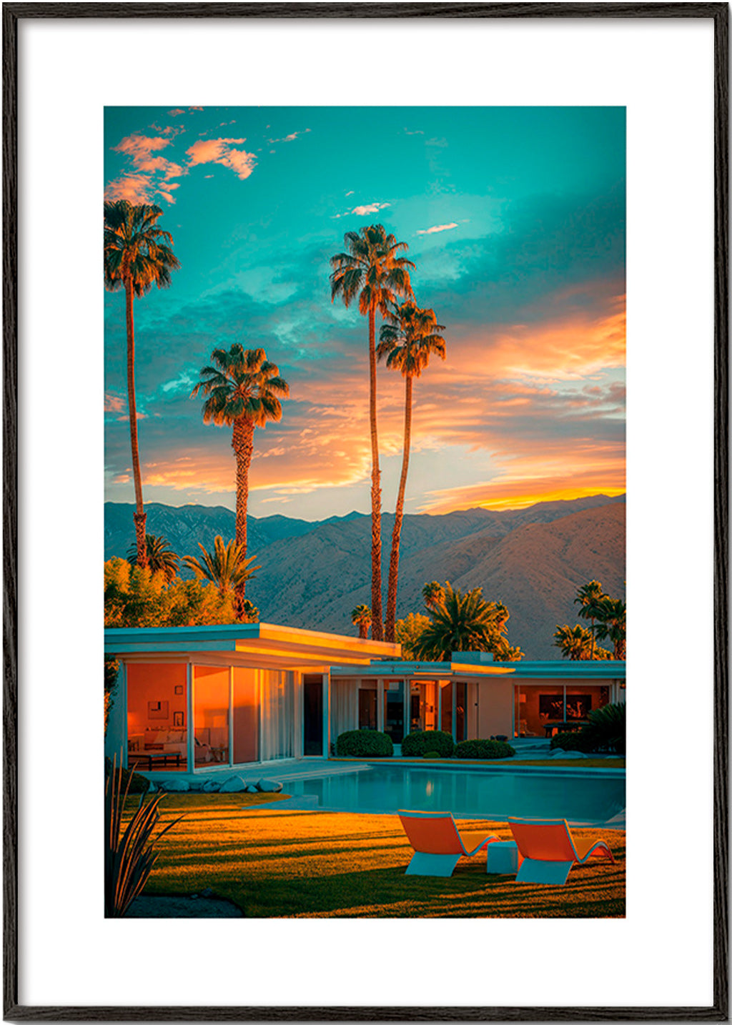 Quadro paesaggio: tramonto a Palm Springs con piscina – Black Frame