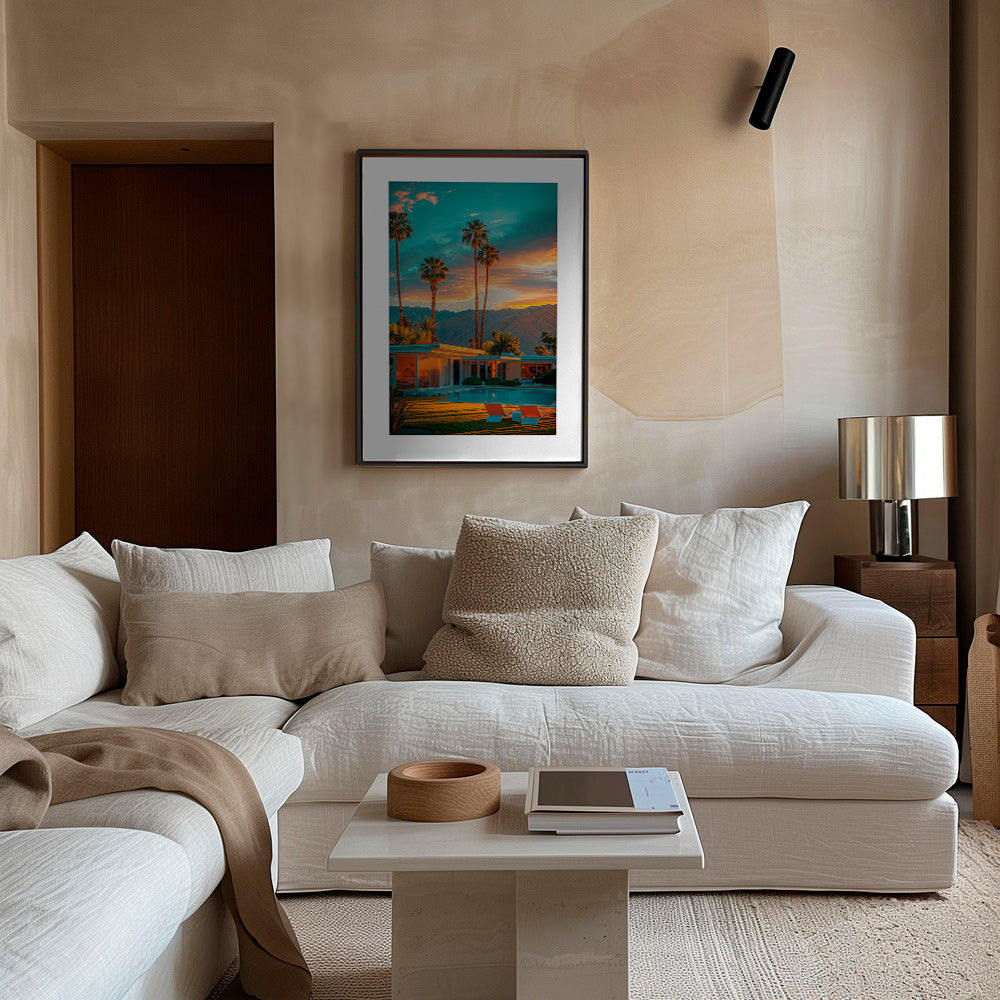 Quadro paesaggio: tramonto a Palm Springs con piscina – Canvas1