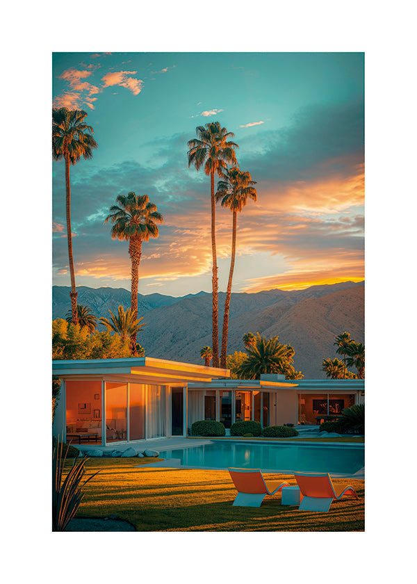 Quadro paesaggio: tramonto a Palm Springs con piscina
