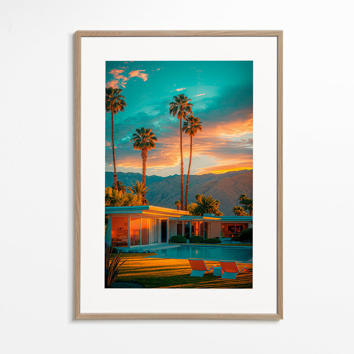 Quadro paesaggio: tramonto a Palm Springs con piscina – Oak Frame