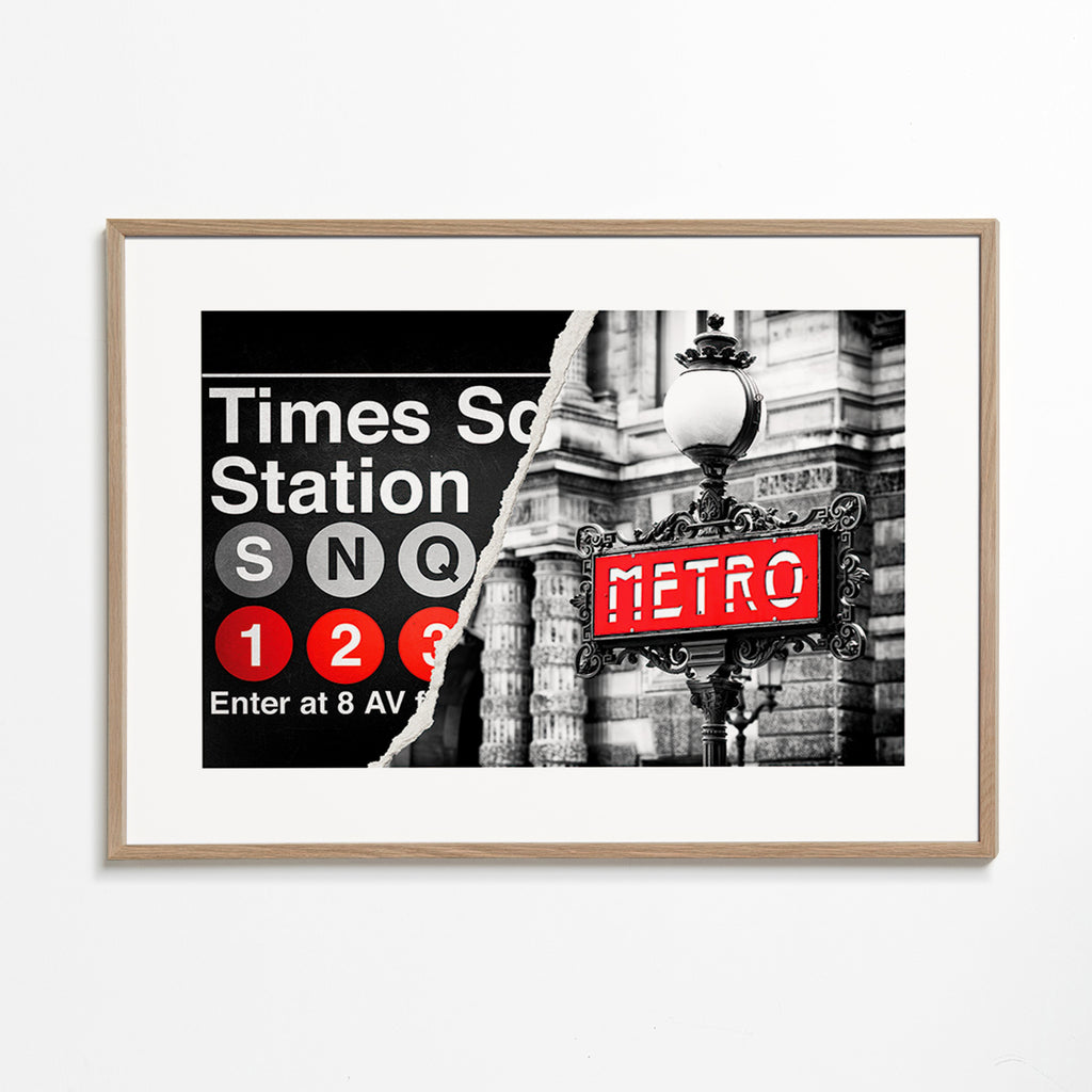 Poster di viaggio con insegna Metro rossa – Oak Frame