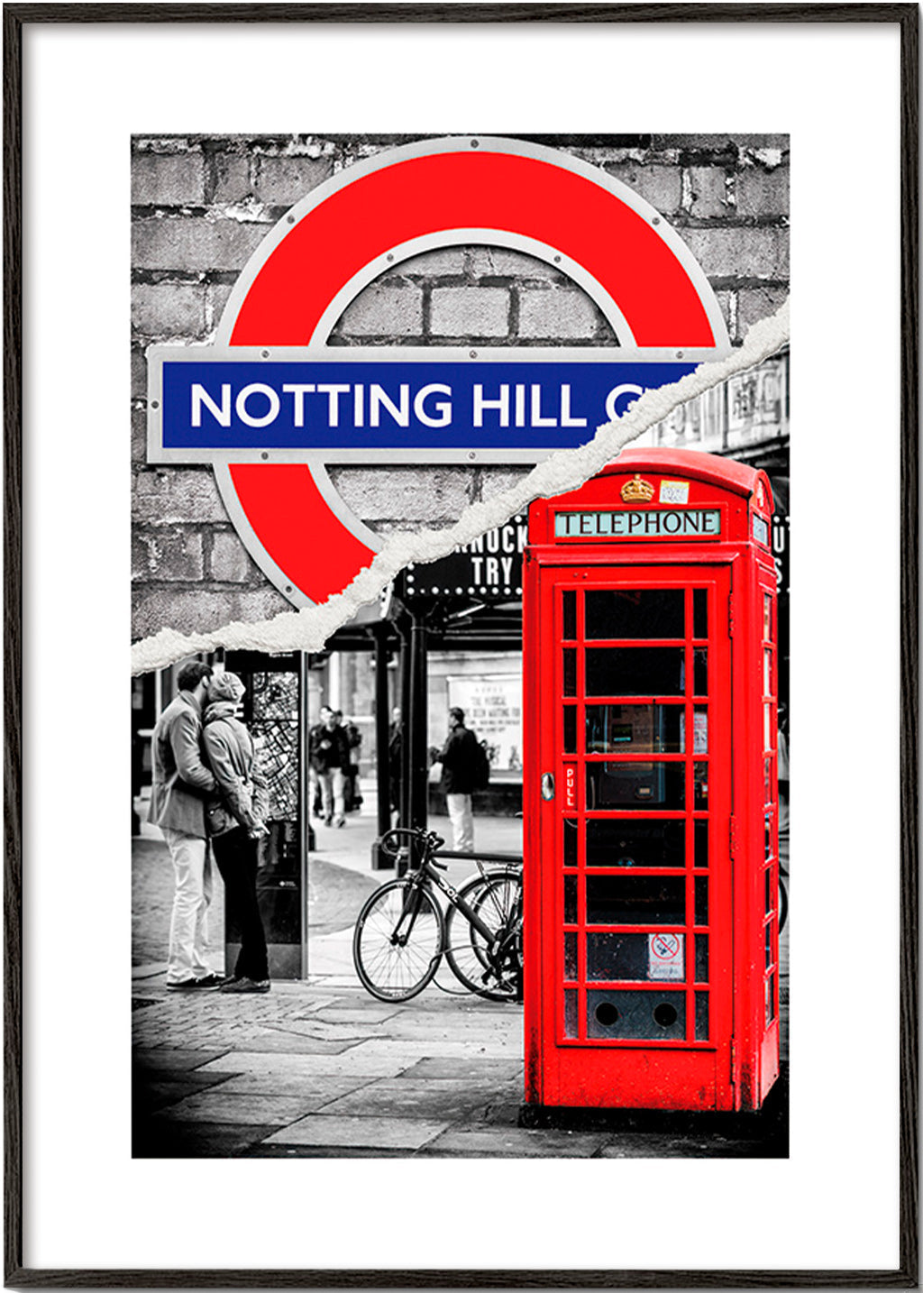 Arte da città con cabina telefonica rossa a Notting Hill – Black Frame