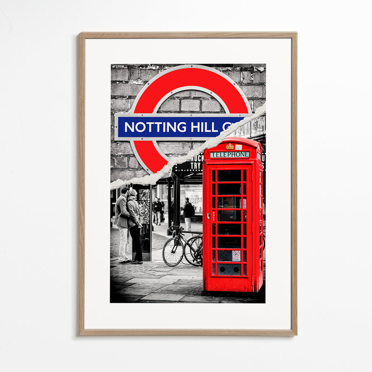 Arte da città con cabina telefonica rossa a Notting Hill – Oak Frame