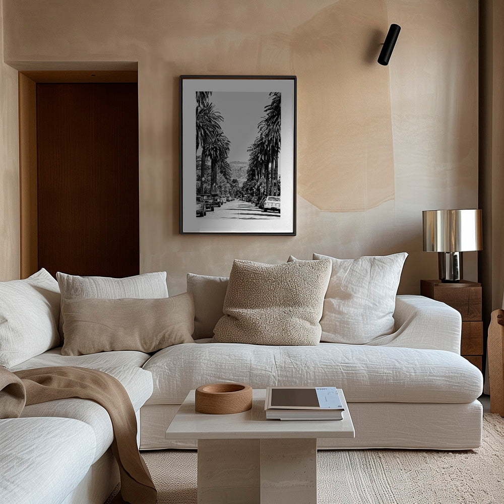 Poster di città: strada con palme a Hollywood in bianco e nero – Canvas1