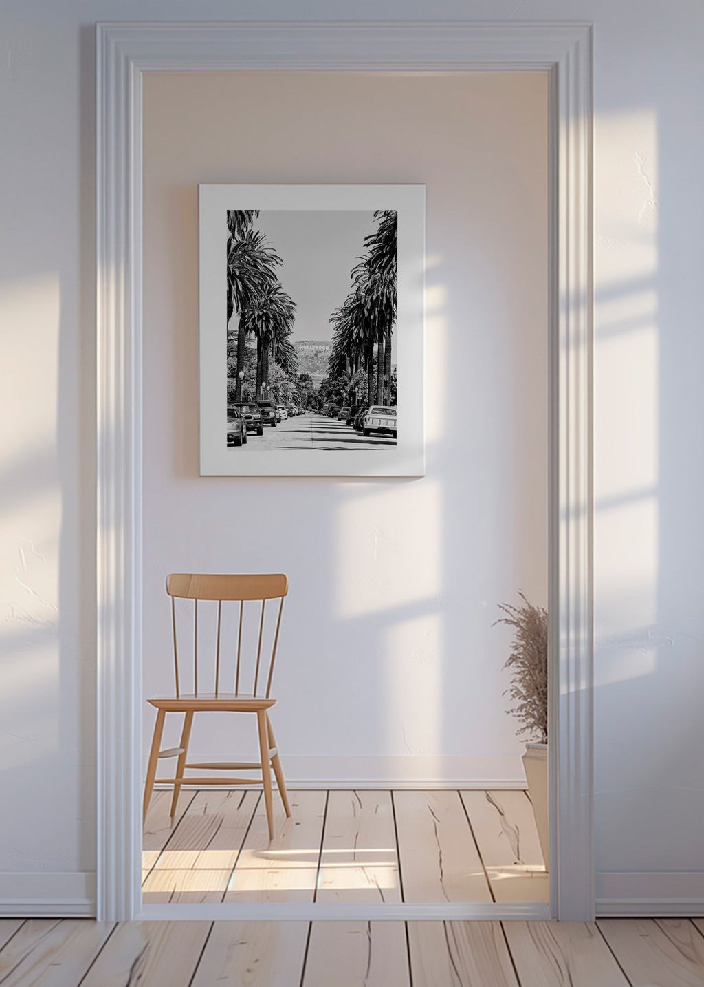 Poster di città: strada con palme a Hollywood in bianco e nero – Canvas