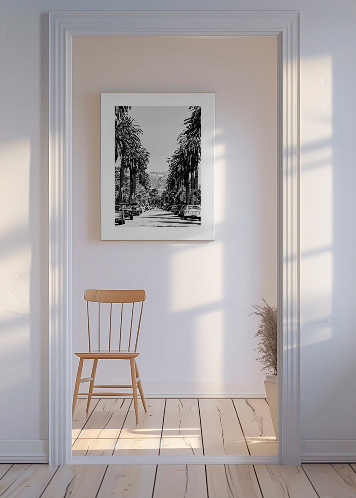 Poster di città: strada con palme a Hollywood in bianco e nero – Canvas