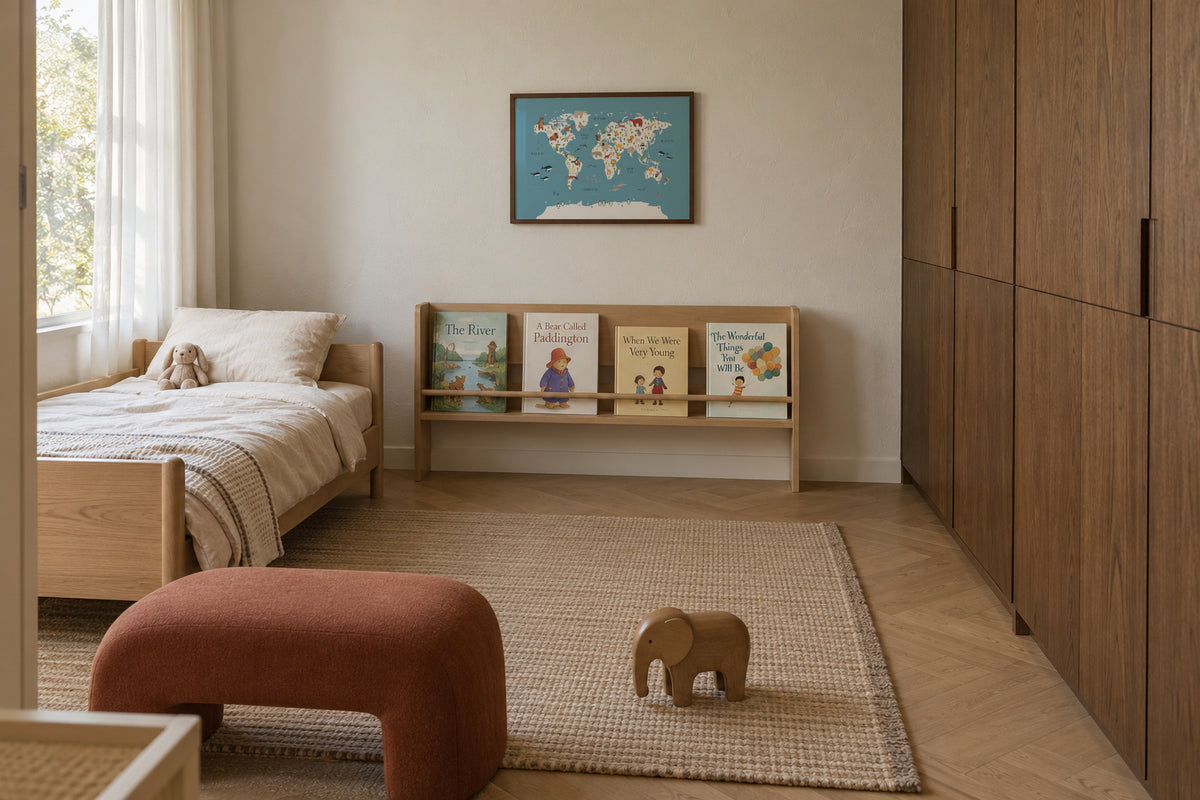 World Map with animals blue - Framed poster in an interior