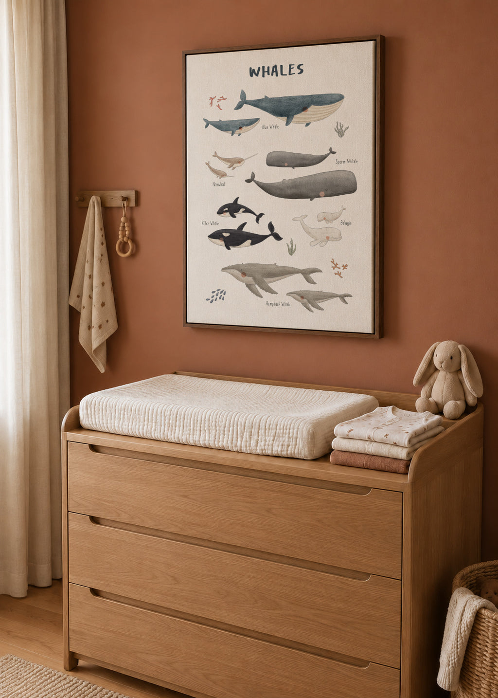 Ballenas fondo blanco (inglés) - Framed canvas in an interior