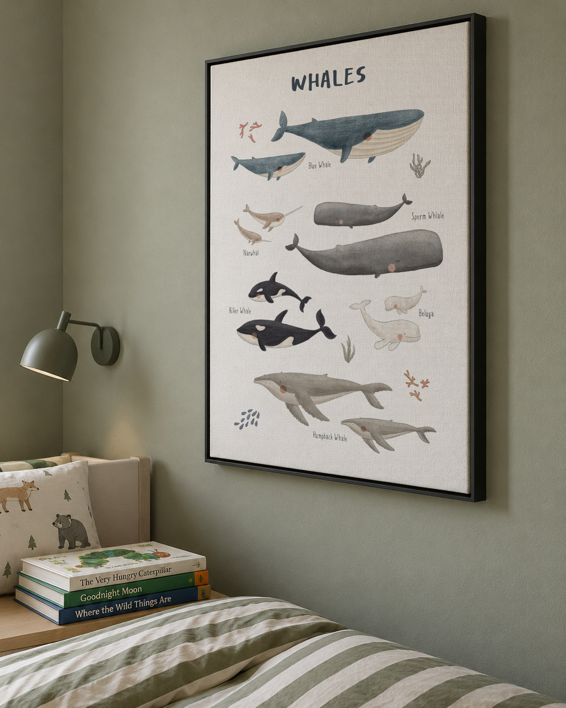 Ballenas fondo blanco (inglés) - Framed canvas in an interior