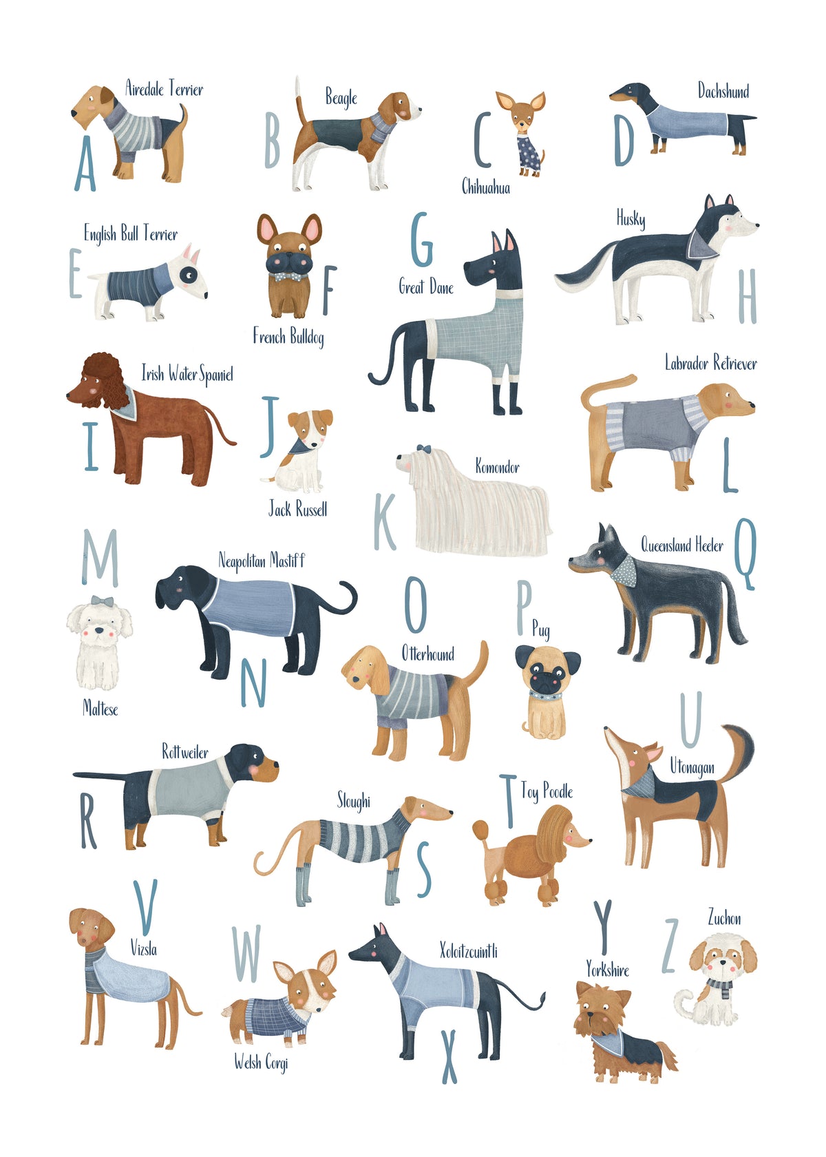 Abecedario con perros (azul) - Unframed art print