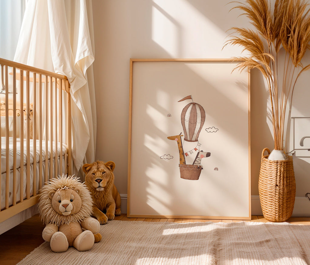 Stampa per bambini: giraffa ed elefante in mongolfiera