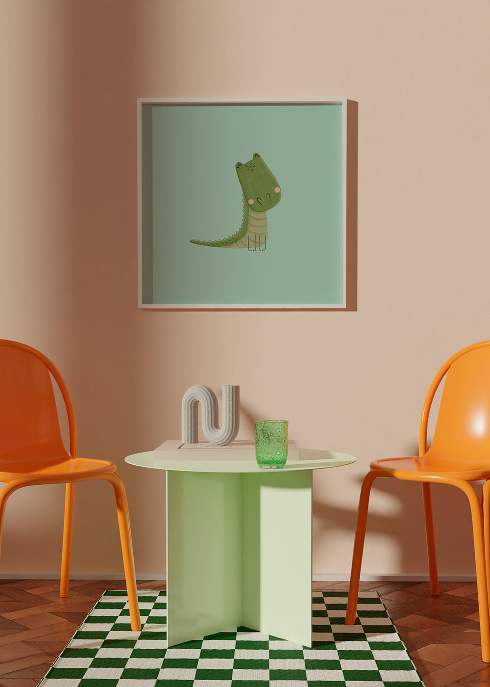 Stampa per bambini coccodrillo sorridente su sfondo menta
