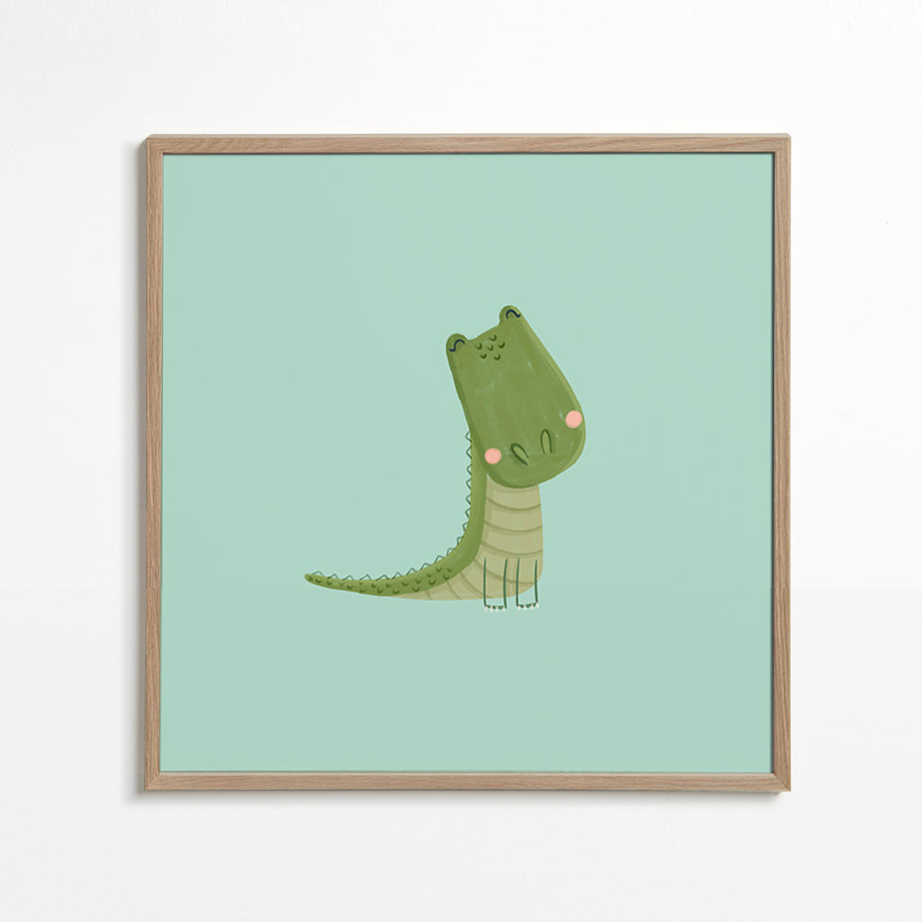 Stampa per bambini coccodrillo sorridente su sfondo menta