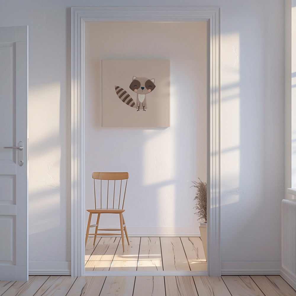 Stampa per bambini: procione sorridente su fondo beige