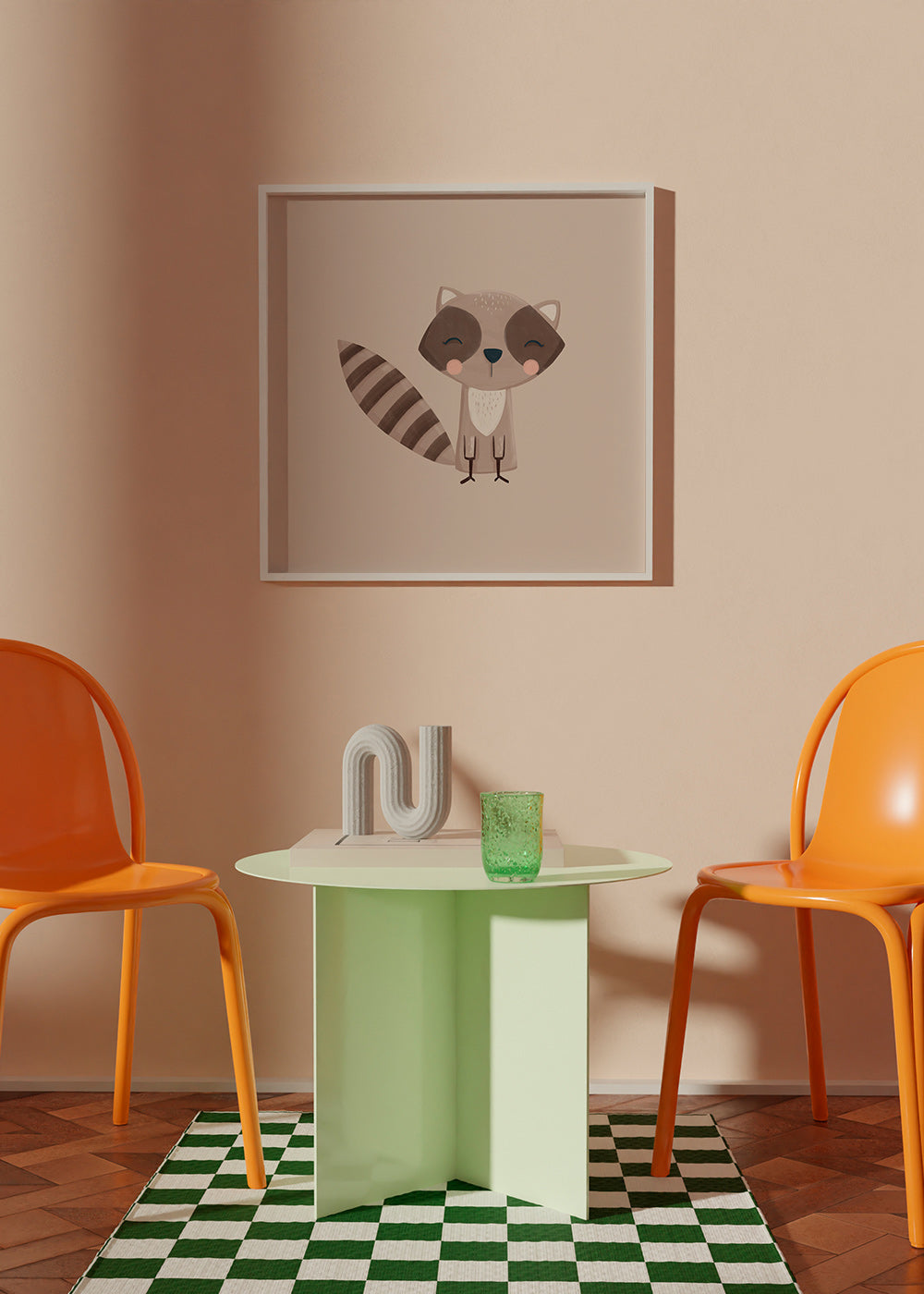 Stampa per bambini: procione sorridente su fondo beige