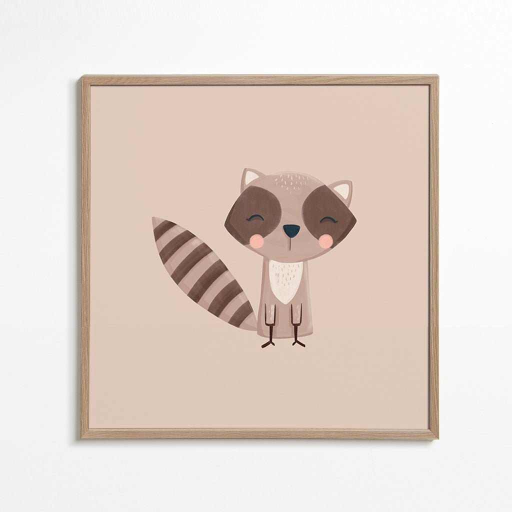 Stampa per bambini: procione sorridente su fondo beige