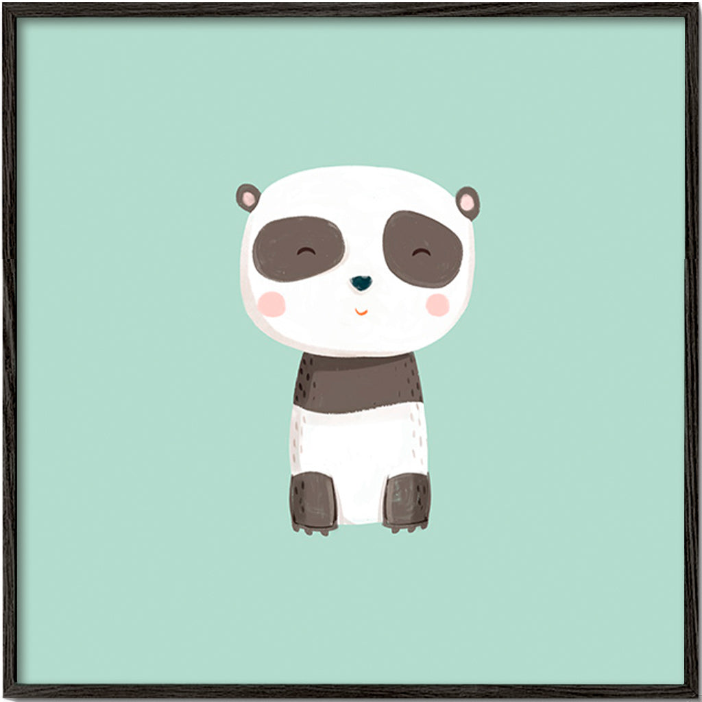 Stampa per bambini con panda sorridente su sfondo menta
