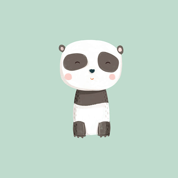 Stampa per bambini con panda sorridente su sfondo menta