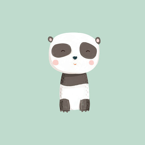 Stampa per bambini con panda sorridente su sfondo menta
