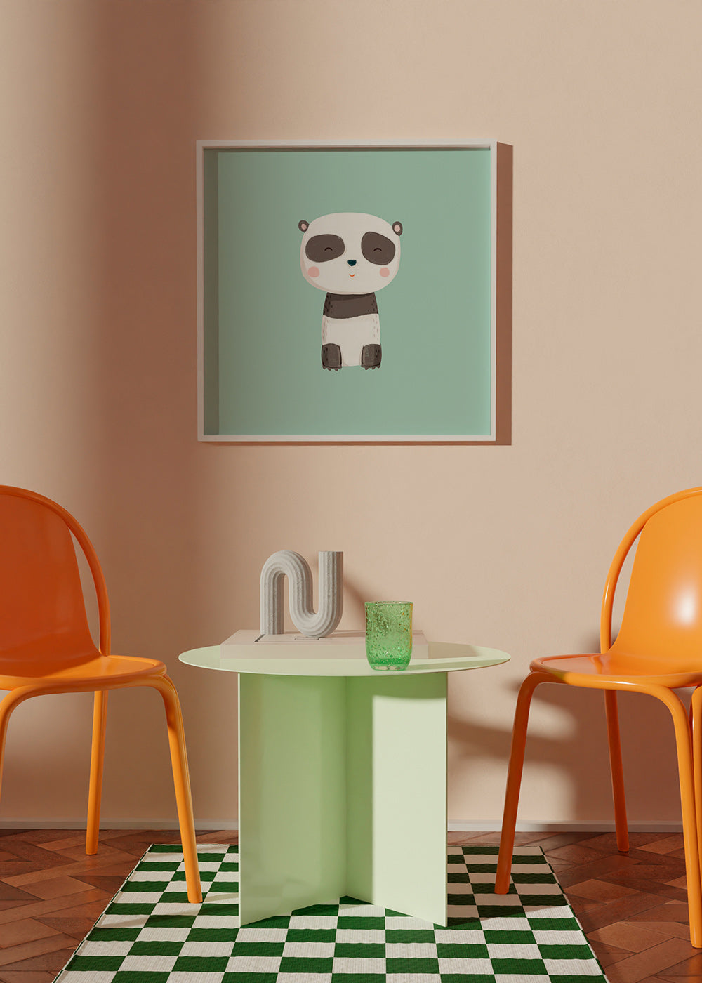Stampa per bambini con panda sorridente su sfondo menta