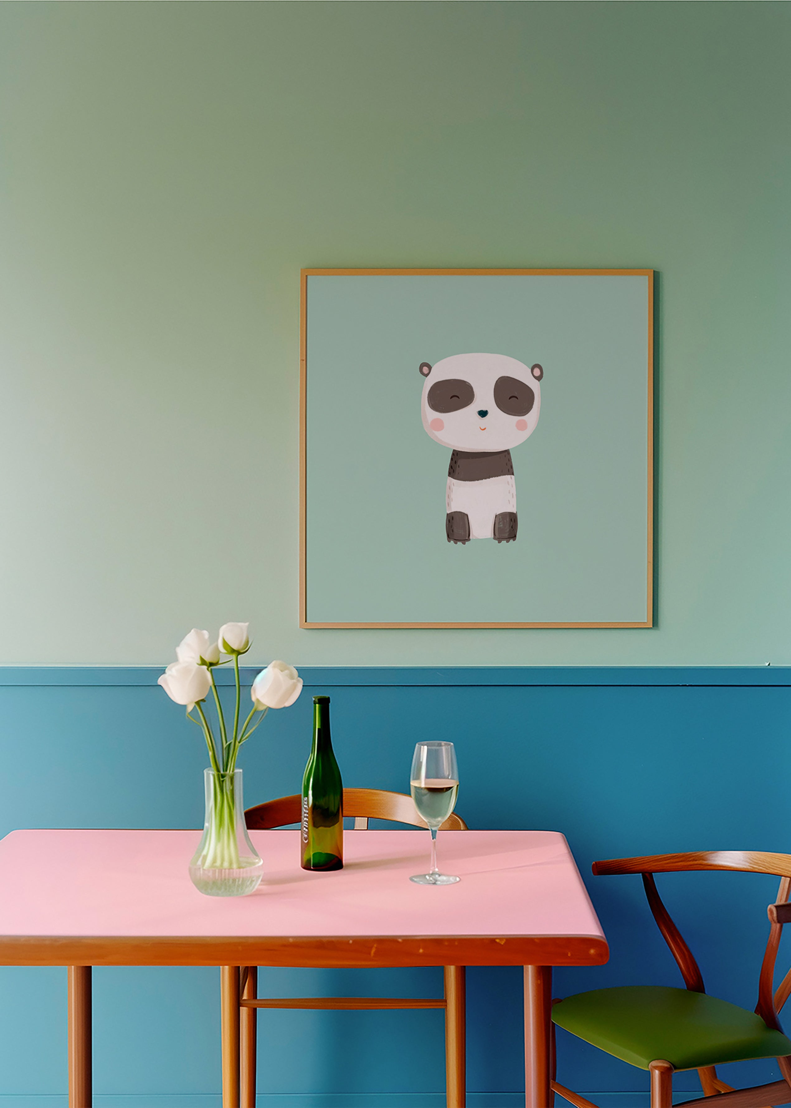 Stampa per bambini con panda sorridente su sfondo menta