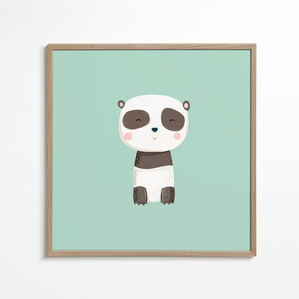 Stampa per bambini con panda sorridente su sfondo menta