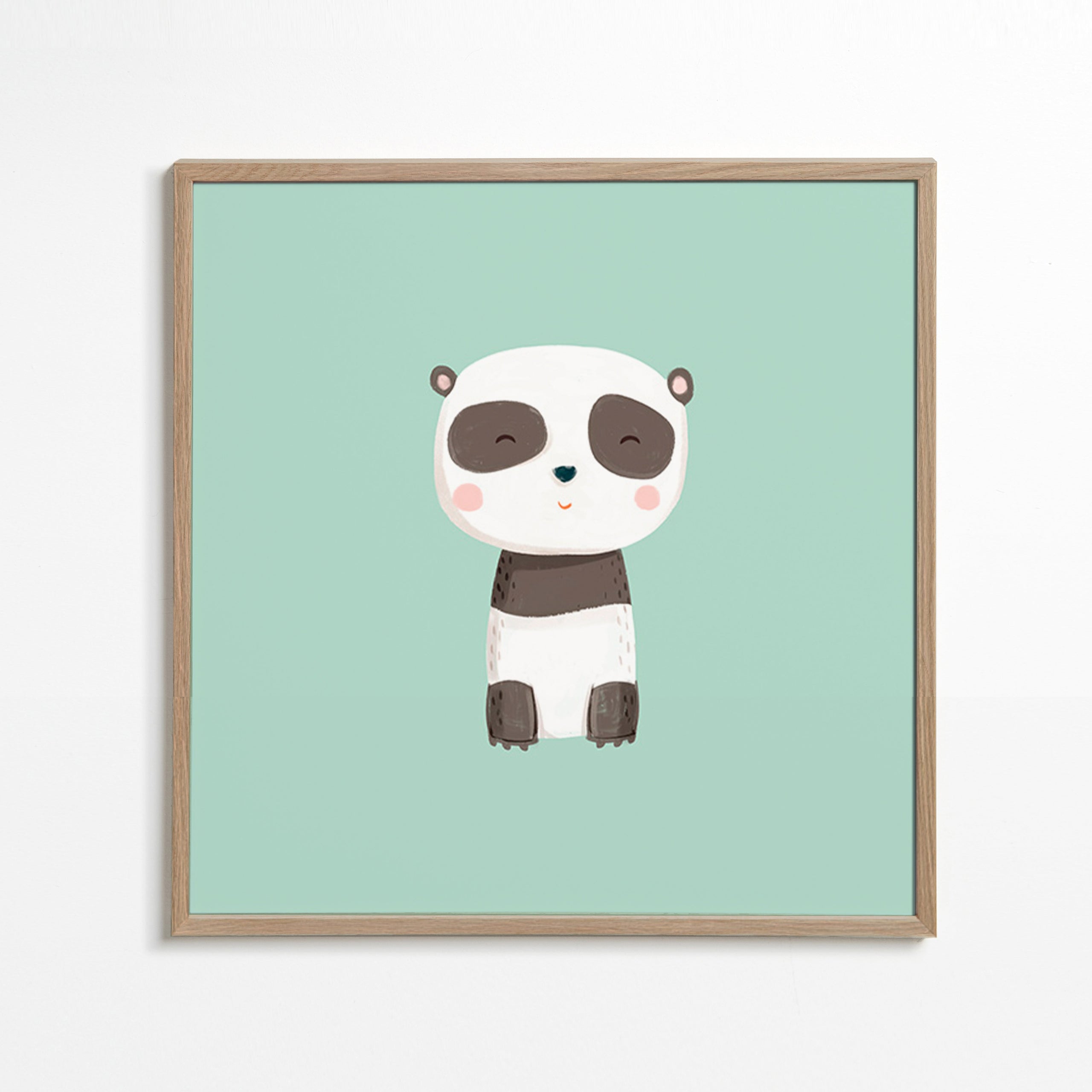 Stampa per bambini con panda sorridente su sfondo menta