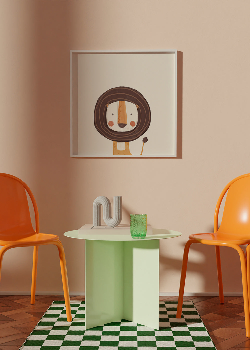 Stampa per bambini: leone sorridente in stile minimal