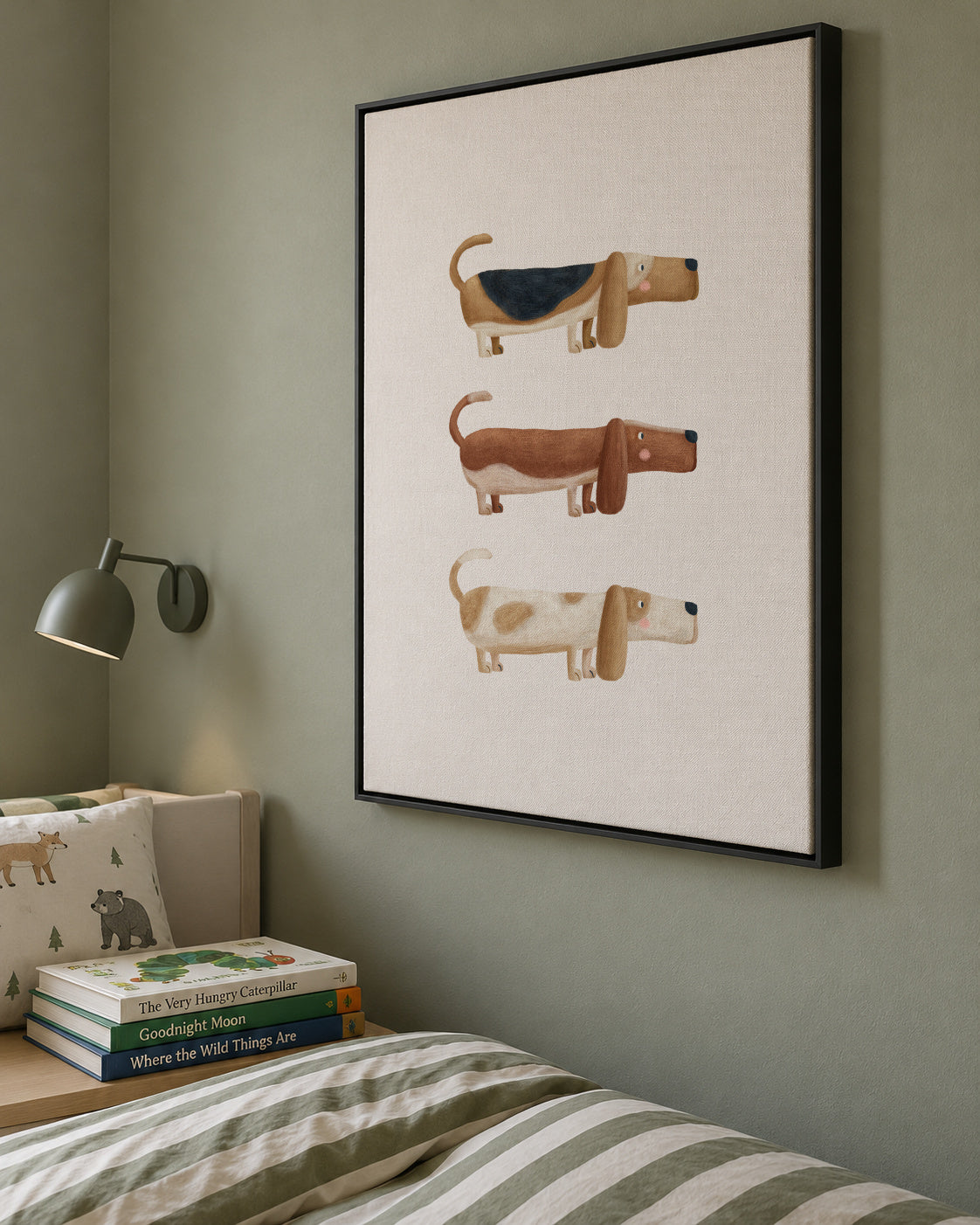 Three Basset Hound Dogs - Framed canvas in an interior
