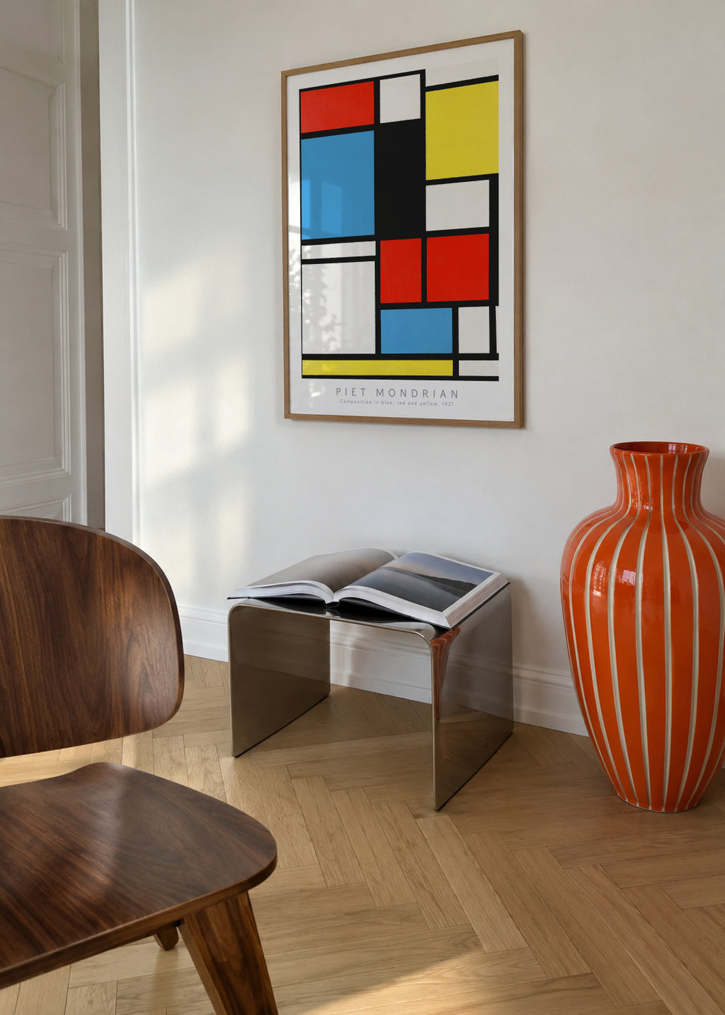 Piet Mondrian Dune Composition in blue, red and yellow, 1921 - Framed poster in an interior