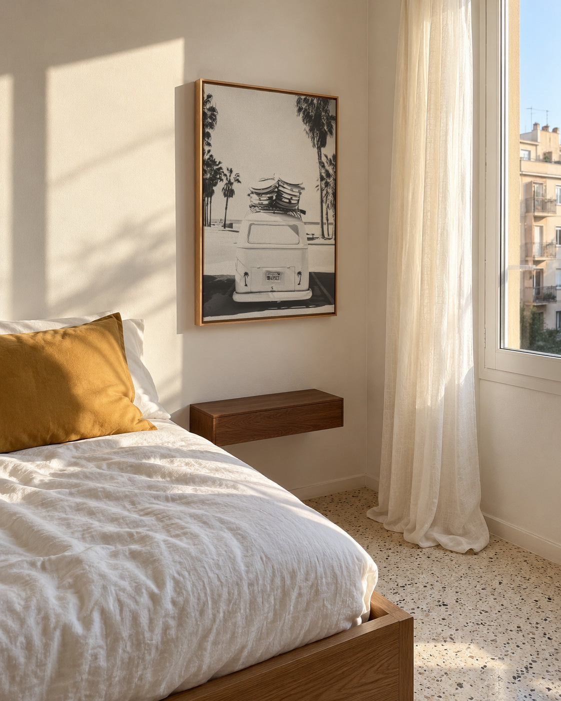 Beach Vintage Van Black & White - Framed canvas in an interior