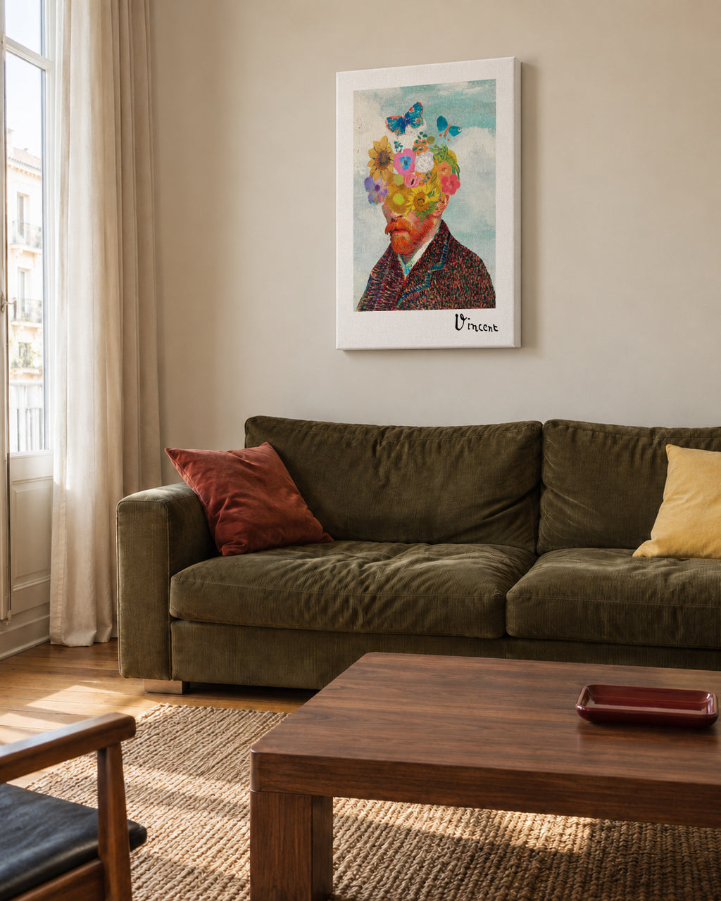 Vincent van Gogh inspired self-portrait & flower remixed - Unframed canvas in an interior